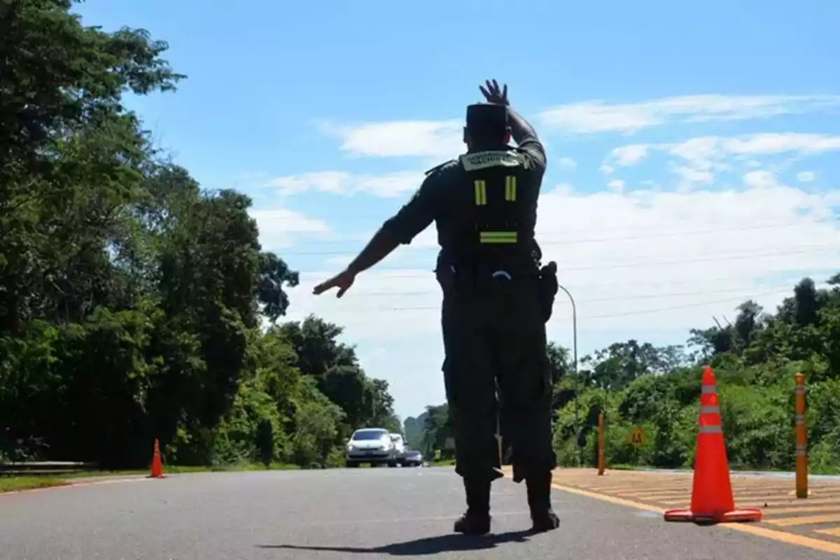 Un oficial de policía de pie en una carretera señalando con la mano mientras un coche se aproxima, rodeado de conos naranjas y vegetación.