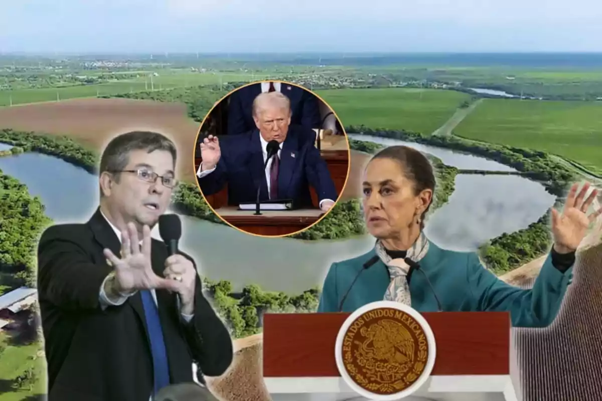 An image showing two people in the foreground, one speaking into a microphone and the other behind a podium with the Mexican coat of arms, with a landscape of fields and a lake in the background, and an inset in the center with a man in a suit speaking.