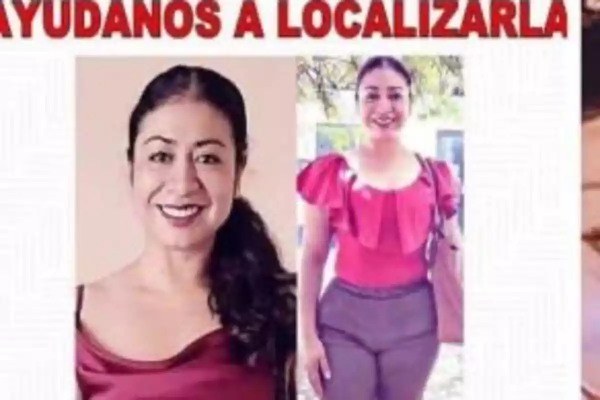 Persona desaparecida con dos fotos y texto que dice "Ayúdanos a localizarla".