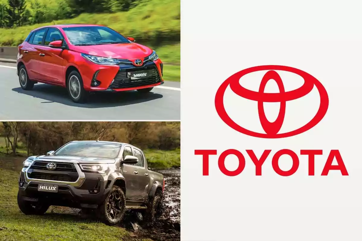 Un auto Toyota Yaris rojo en movimiento, una camioneta Toyota Hilux gris en un terreno lodoso y el logotipo de Toyota con su nombre en letras rojas