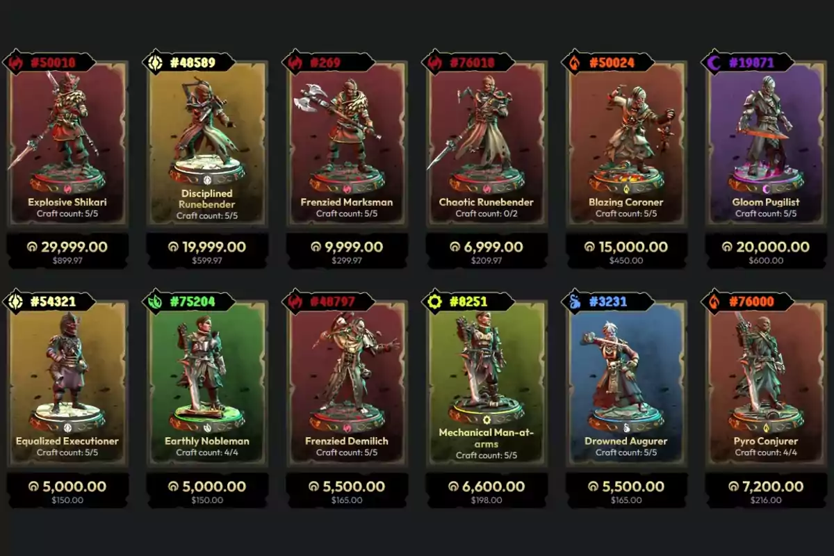 Una imagen que muestra una colección de figuras de personajes de un juego con sus nombres, números de identificación, precios y cantidades de fabricación.