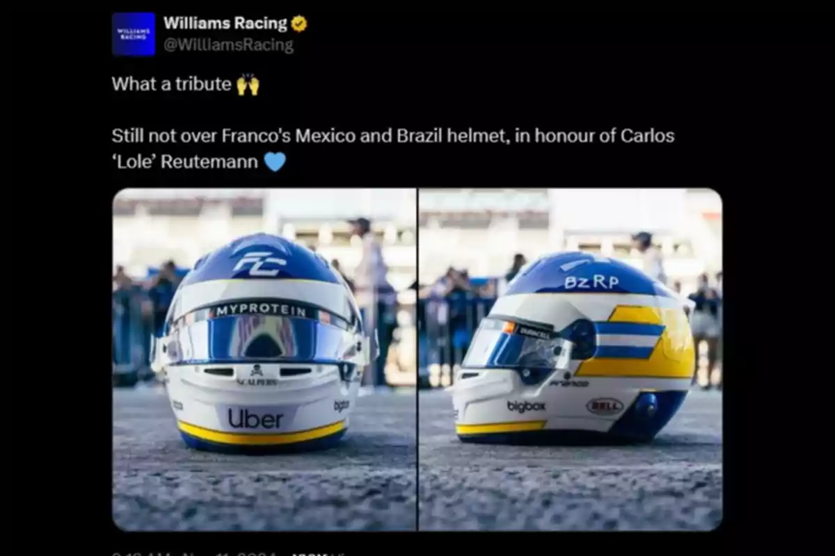 Un casco de carreras azul y blanco con detalles amarillos y varias marcas, en homenaje a Carlos 'Lole' Reutemann, mostrado en un tuit de Williams Racing.