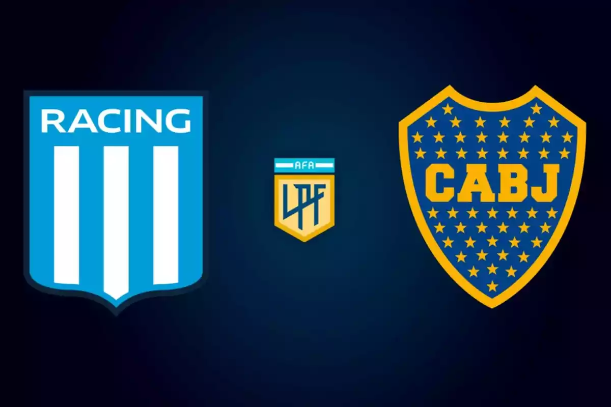 Escudos de Racing Club y Boca Juniors con el logo de la Liga Profesional de Fútbol de Argentina en el centro.