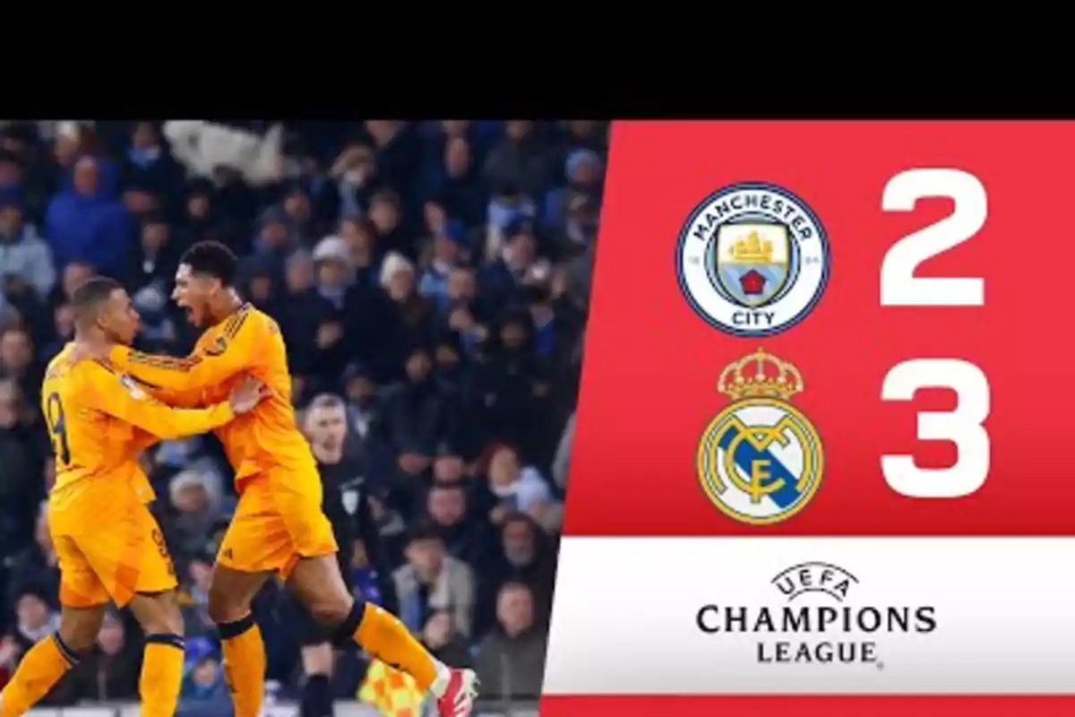 Jugadores celebrando un gol en un partido de la UEFA Champions League entre Manchester City y Real Madrid, con el marcador mostrando 2-3 a favor del Real Madrid.