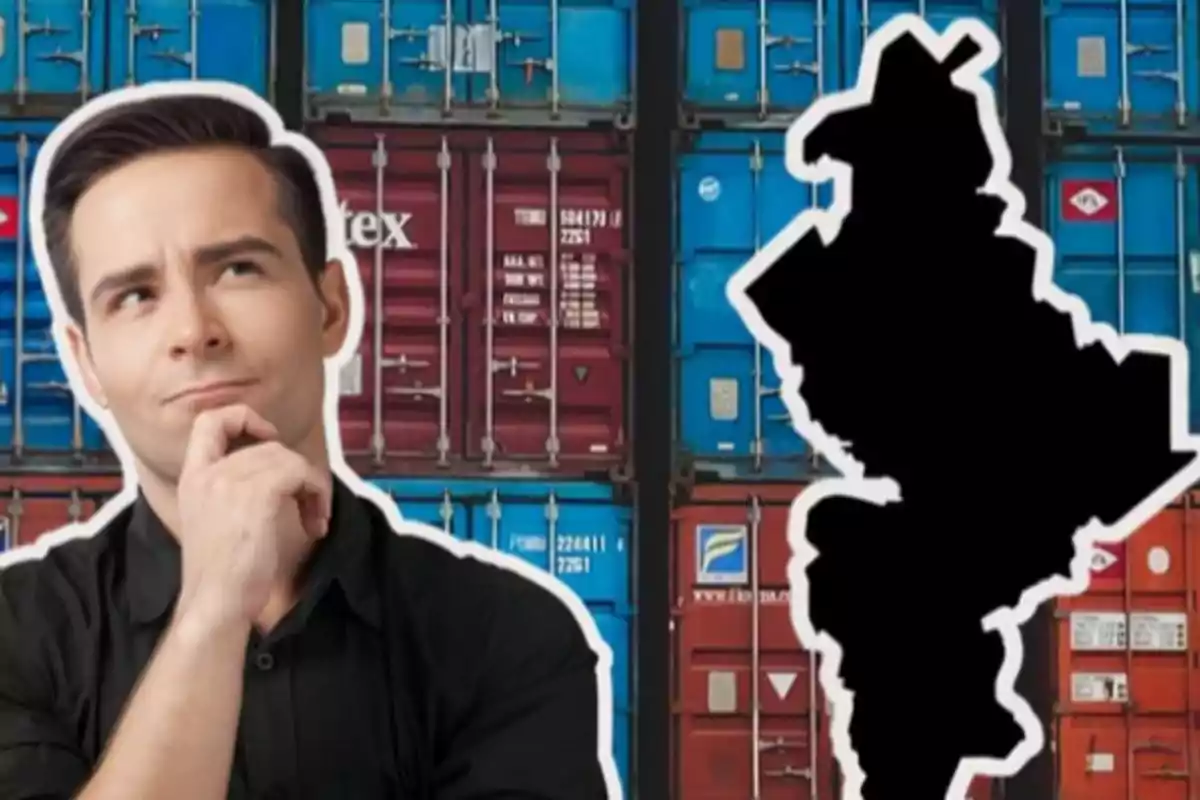 A thoughtful man with his hand on his chin in front of a background of shipping containers and a black silhouette of a map.