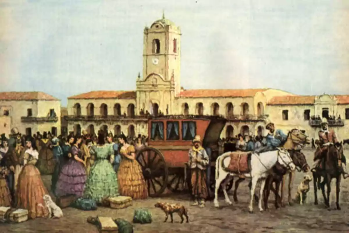A historical scene shows a colonial square with a building in the background, where people dressed in period costumes gather, a horse-drawn carriage, and several dogs on the ground. A historical scene shows a colonial square with a building in the background, where people dressed in period costumes gather, a horse-drawn carriage, and several dogs on the ground.