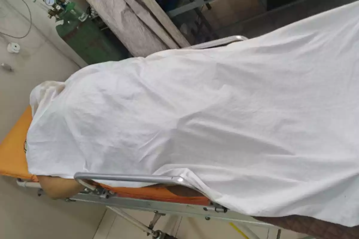Persona acostada en una camilla cubierta completamente con una sábana blanca en una sala de hospital