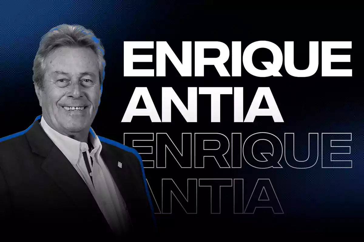 Un hombre sonriente con traje oscuro y camisa blanca aparece junto al texto "Enrique Antía" en un fondo oscuro.