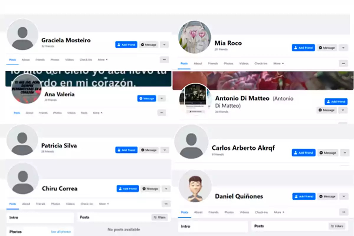 Captura de pantalla de varios perfiles de redes sociales con nombres y opciones para agregar amigos o enviar mensajes.