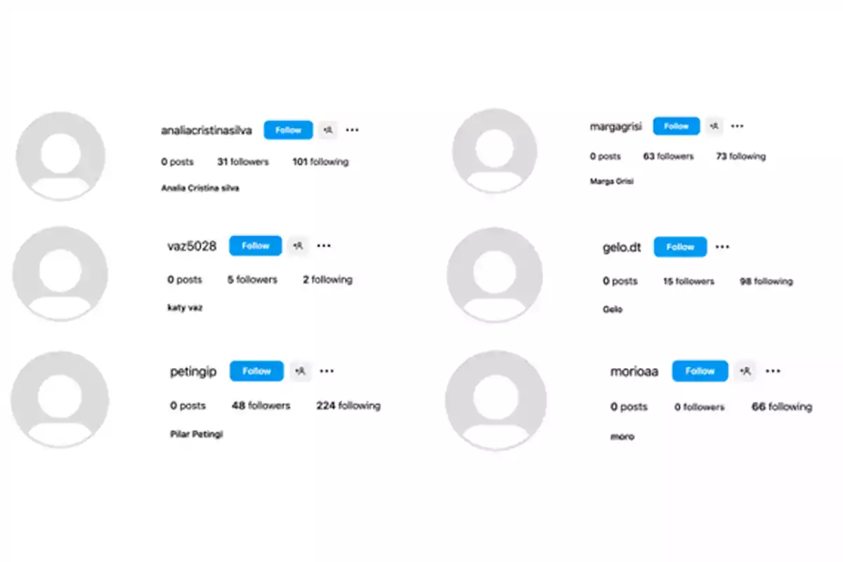 Captura de pantalla de seis perfiles de Instagram con imágenes de perfil genéricas y sin publicaciones, mostrando el número de seguidores y seguidos.
