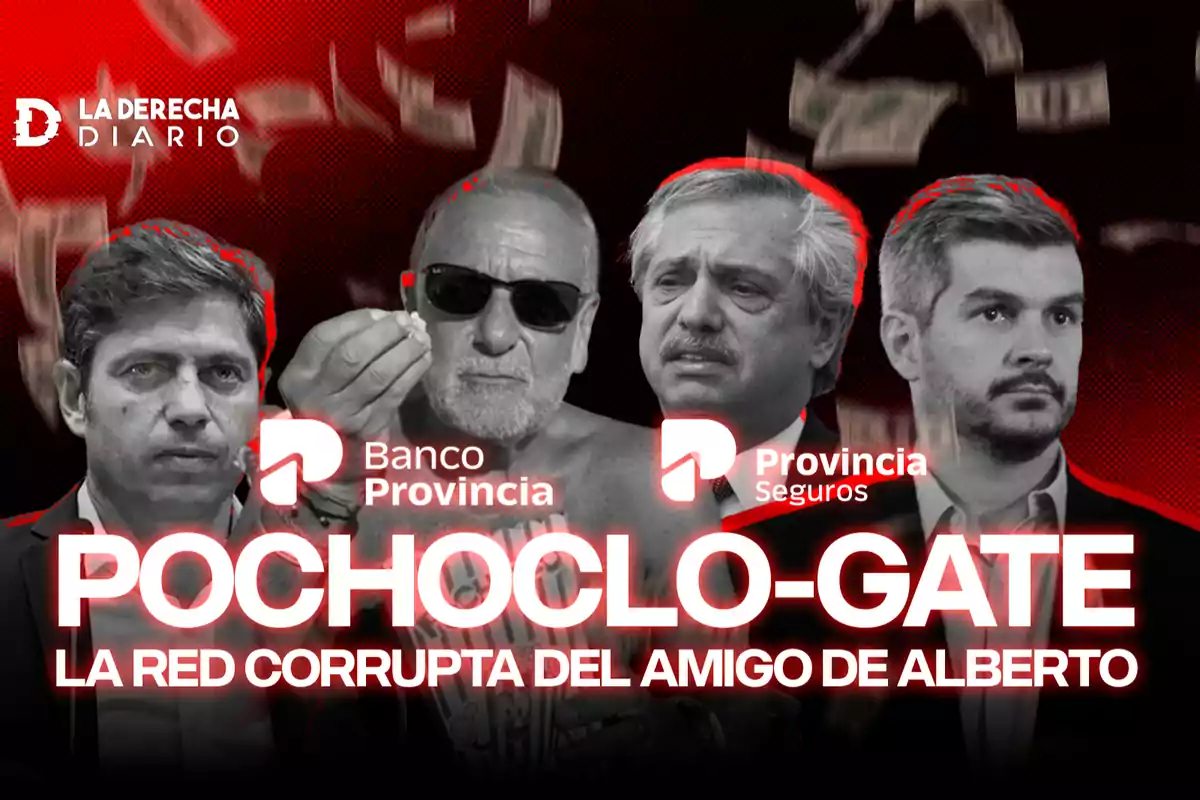 Cuatro hombres en blanco y negro con bordes rojos, con logos de Banco Provincia y Provincia Seguros, sobre un fondo rojo con billetes volando y el texto 