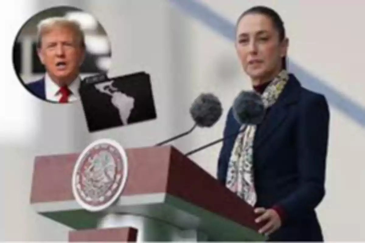 Una persona hablando en un podio con el escudo de México, con una imagen insertada de un hombre y un mapa de América Latina.