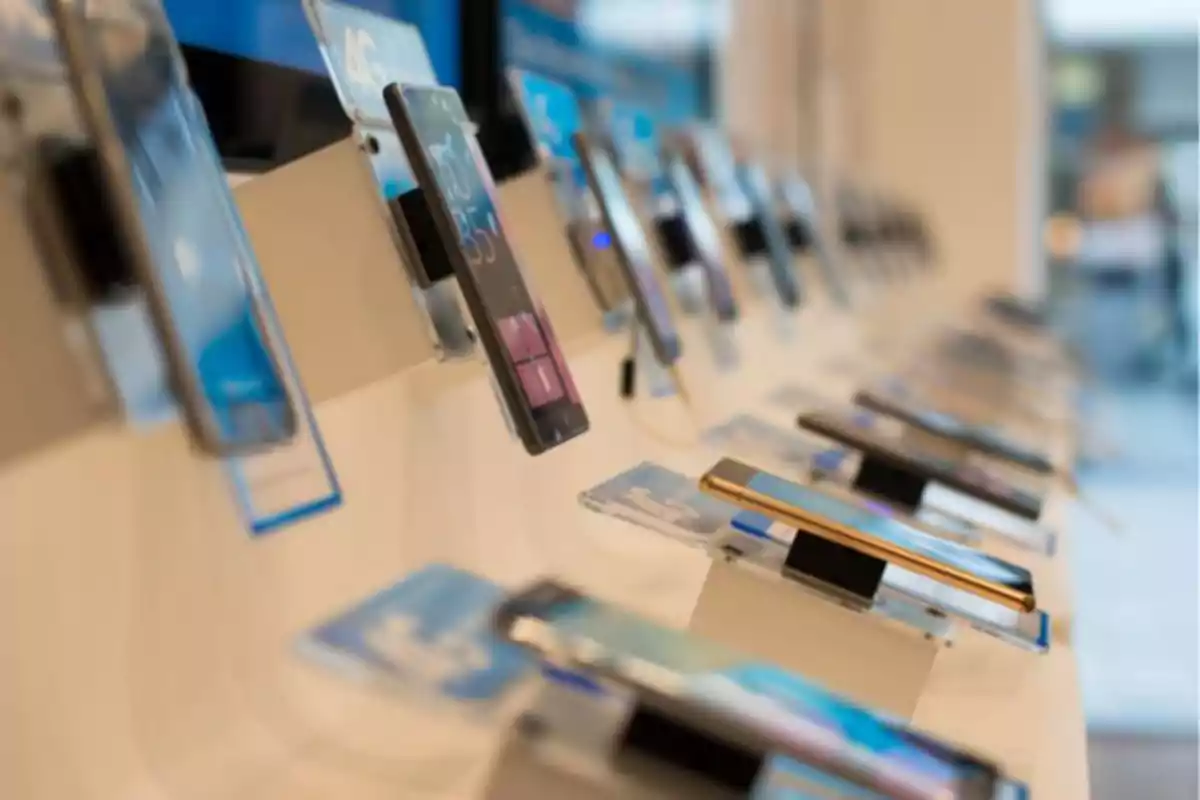 Mobile phone display in a tech store.