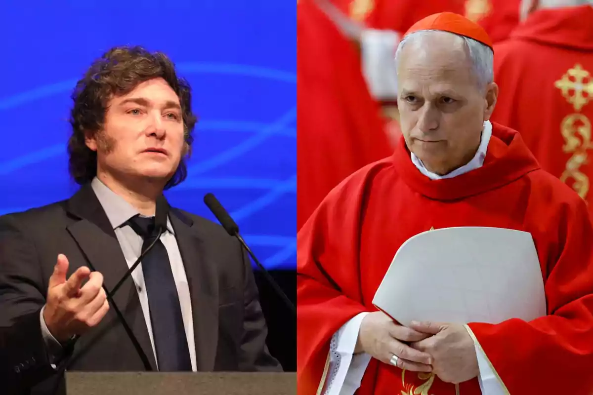 A man in a suit speaking at a podium next to a man dressed in a red robe and cap in a religious setting