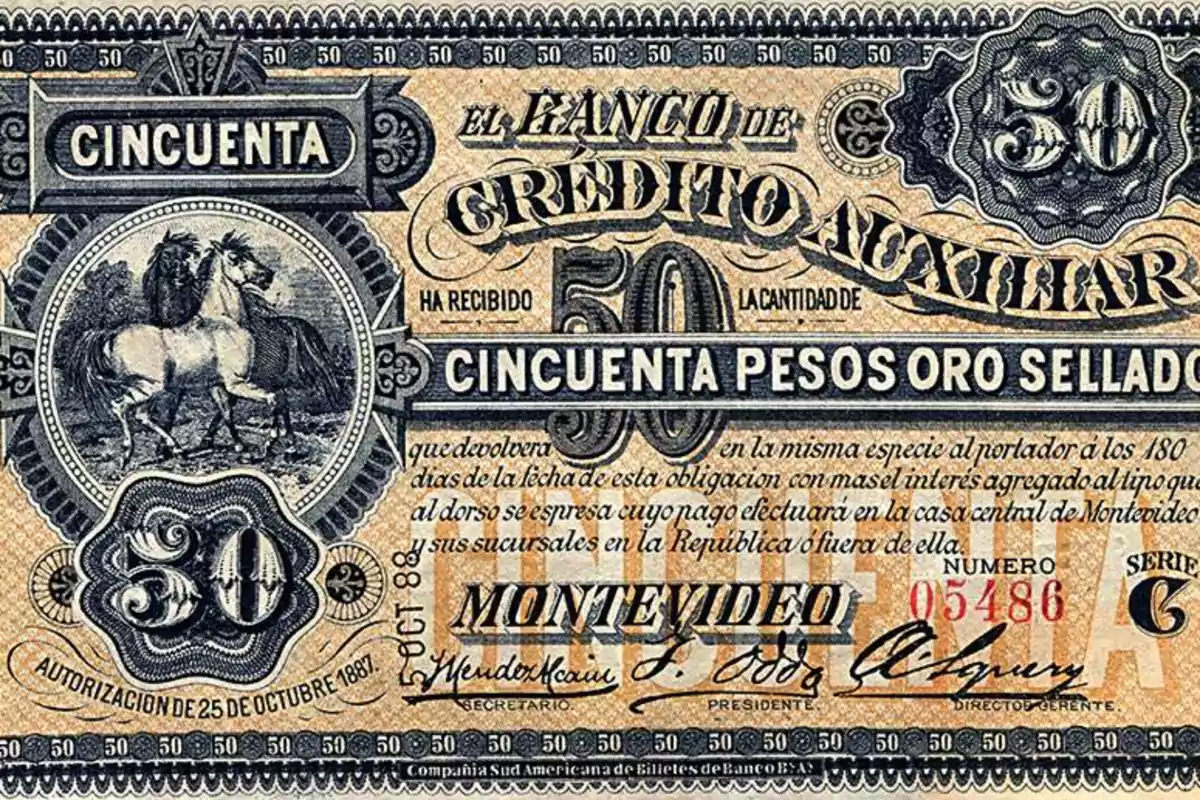 Old fifty pesos oro sealed banknote issued by the Banco de Crédito Auxiliar de Montevideo featuring an illustration of two horses and ornamental details in black and beige tones