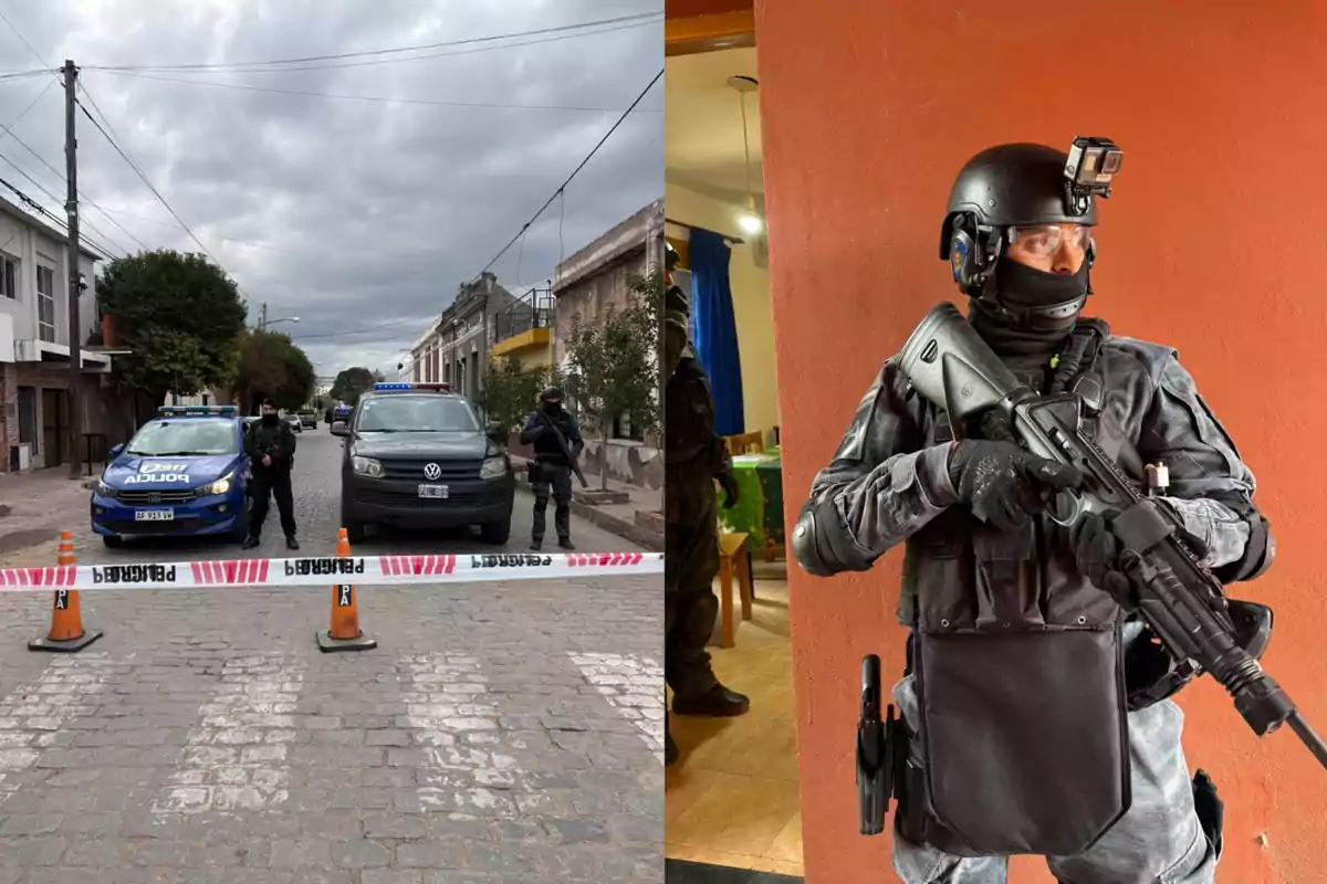 Operativo policial en una calle acordonada con patrullas y agentes, junto a un policía fuertemente armado en el interior de un edificio