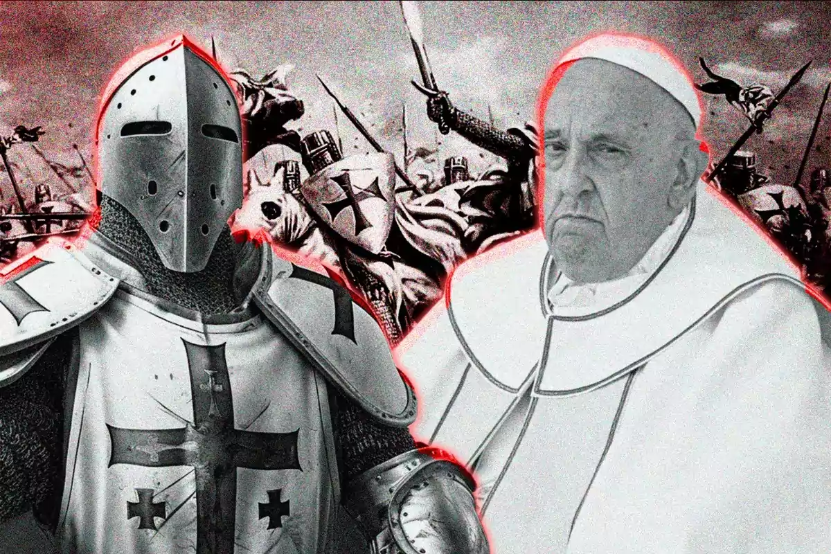 Un caballero medieval con armadura y un hombre vestido con atuendo papal, ambos resaltados en rojo, con una escena de batalla de fondo.