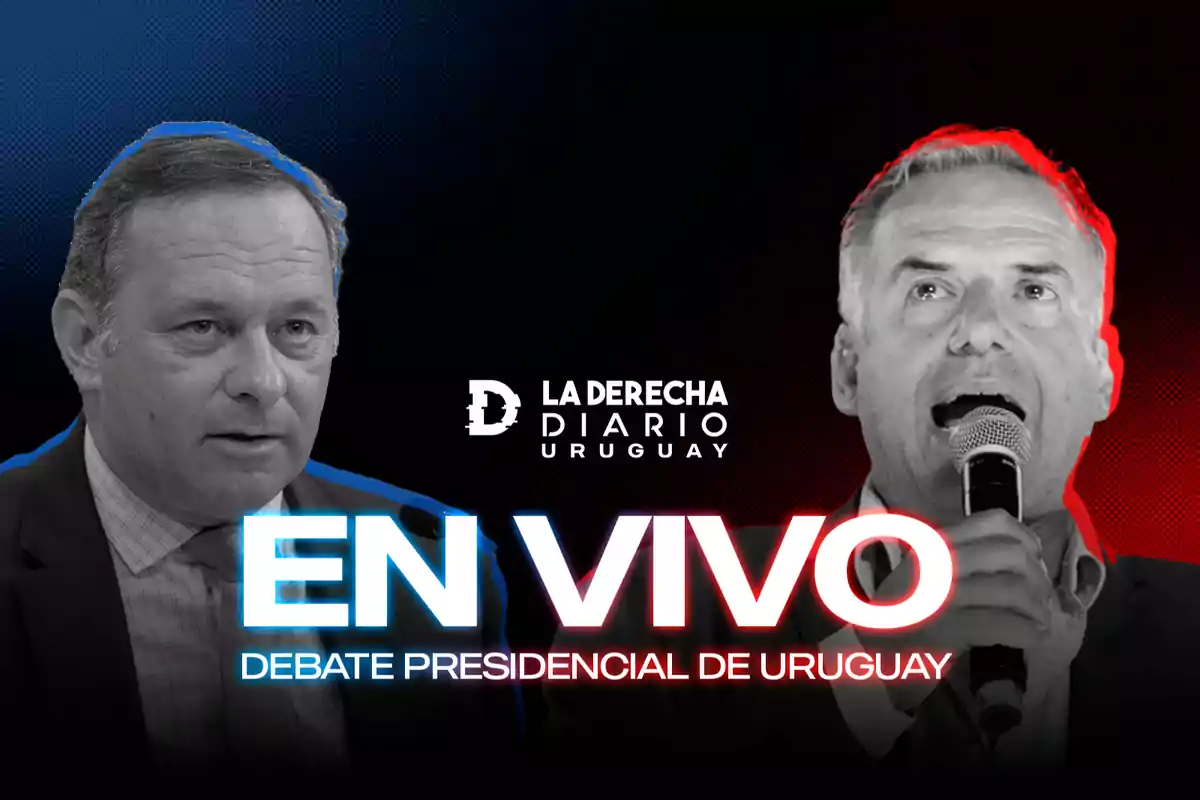 Dos hombres en un debate presidencial de Uruguay con el texto "En Vivo" y el logo de "La Derecha Diario Uruguay".