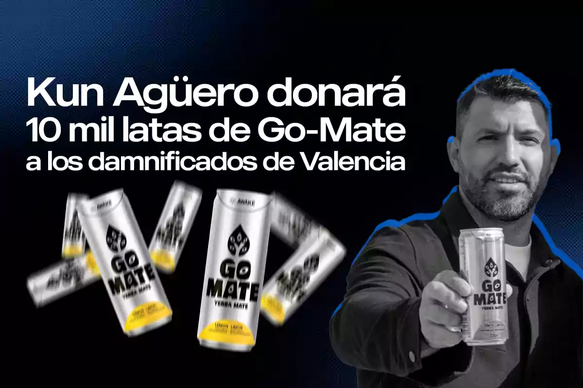 Un hombre sostiene una lata de Go-Mate mientras se anuncia la donación de 10 mil latas a los damnificados de Valencia.