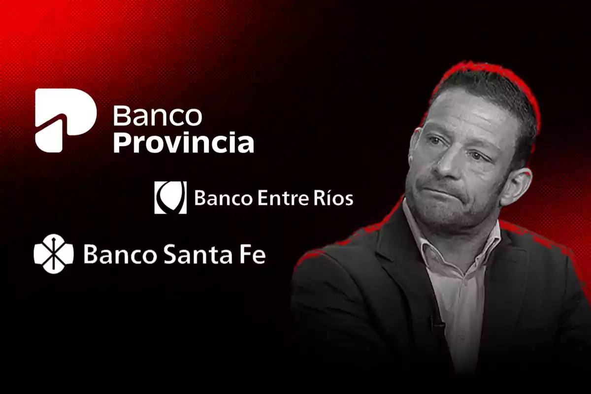 Hombre en traje con fondo rojo y negro junto a los logotipos de Banco Provincia, Banco Entre Ríos y Banco Santa Fe.