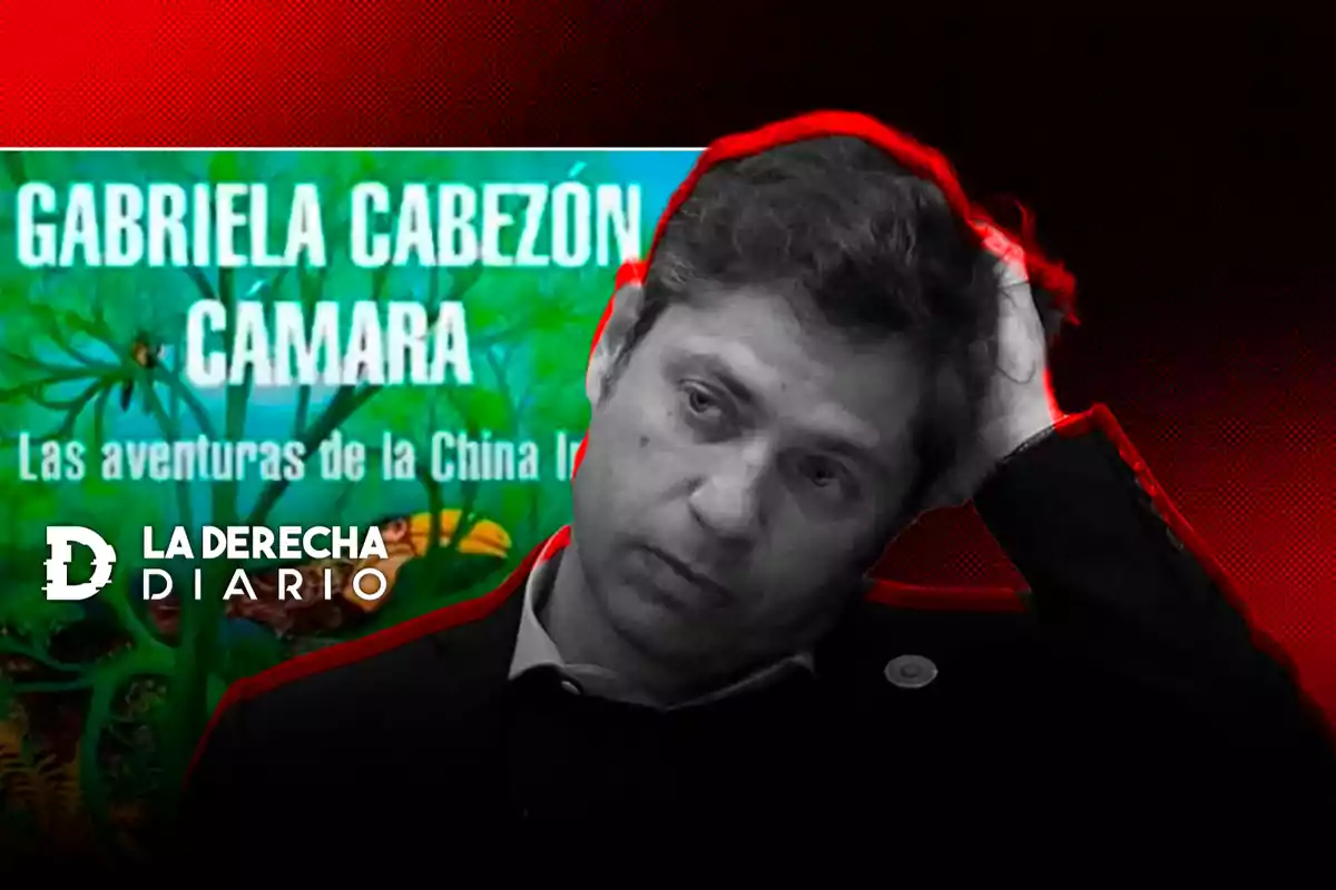 Una persona con expresión pensativa frente a un fondo que muestra la portada de un libro de Gabriela Cabezón Cámara y el logo de "La Derecha Diario".