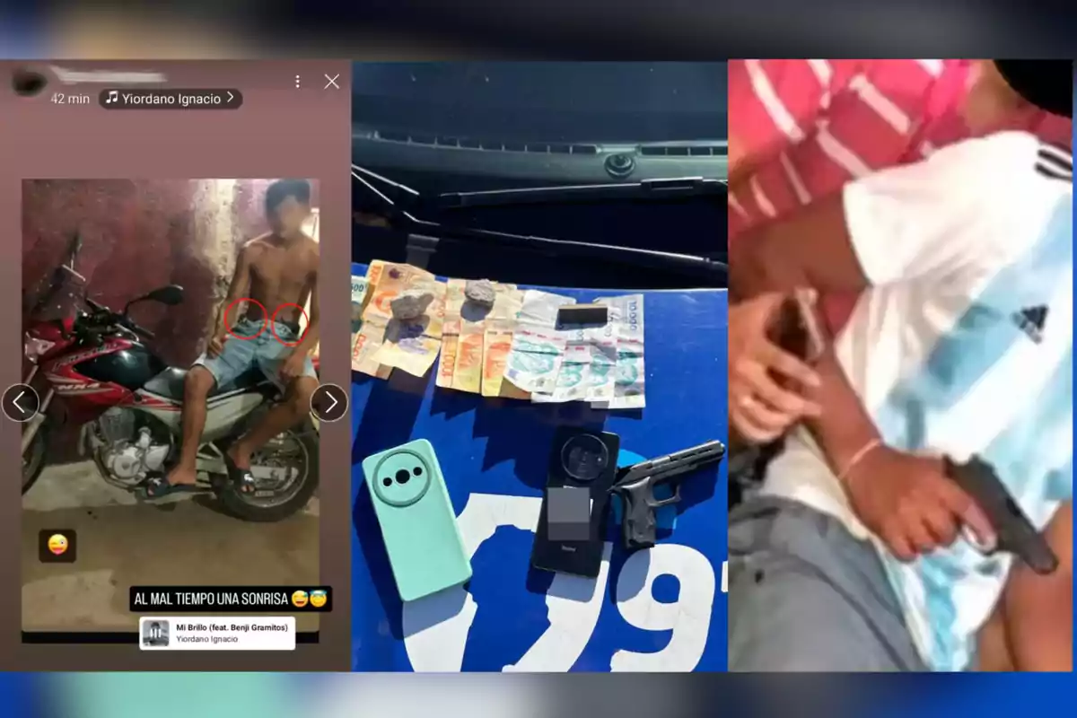 Three images show young people with firearms, cash, mobile phones, and a motorcycle, in situations that suggest criminal activities.