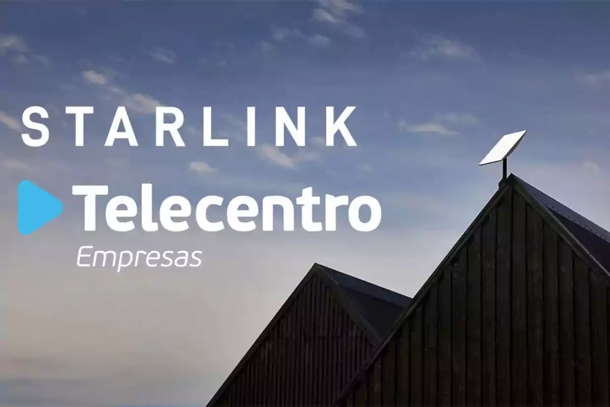 Techo de edificio con antena parabólica y logotipos de Starlink y Telecentro Empresas en el cielo. Techo de edificio con antena parabólica y logotipos de Starlink y Telecentro Empresas en el cielo.