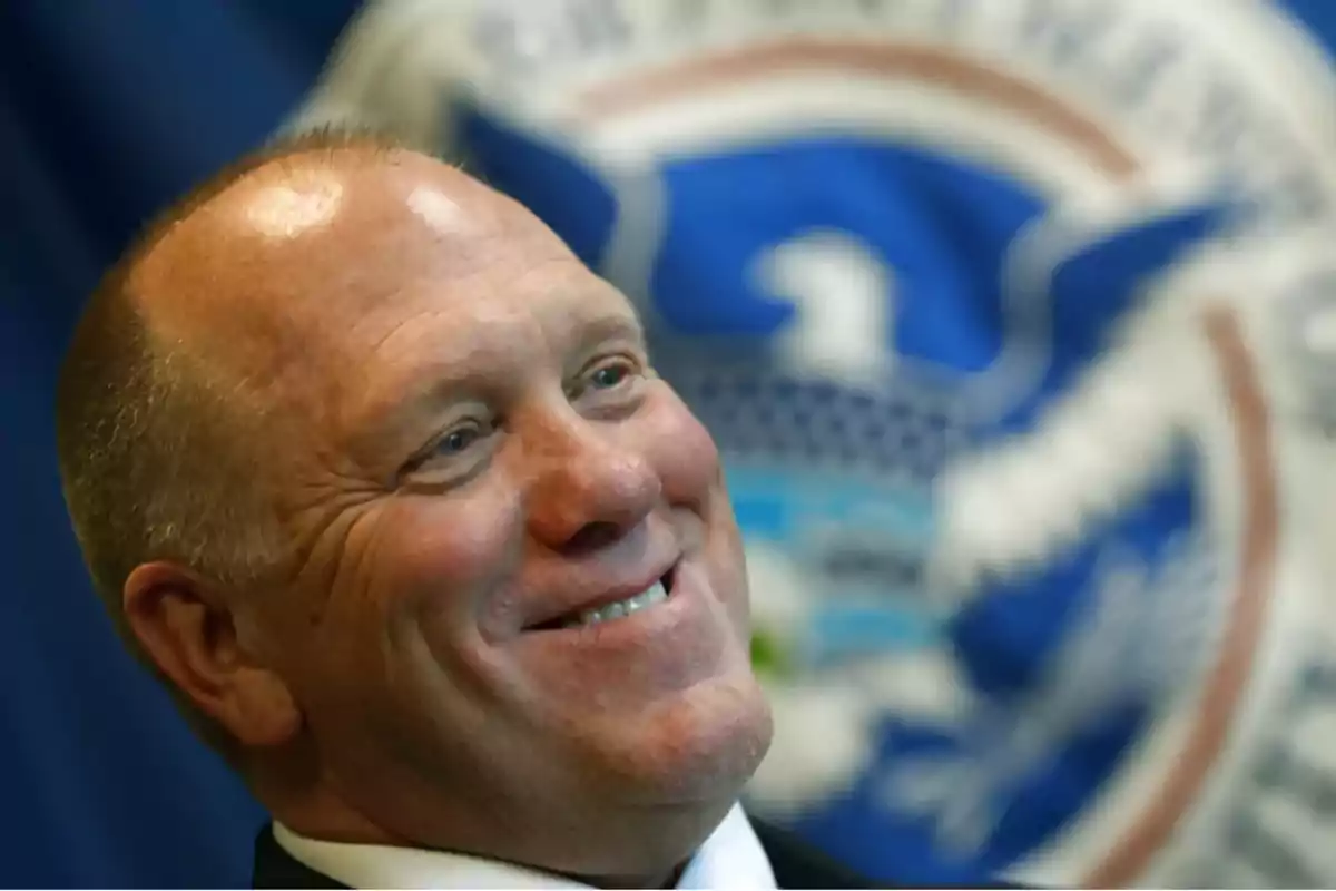 Hombre sonriendo con fondo de logotipo azul y blanco.