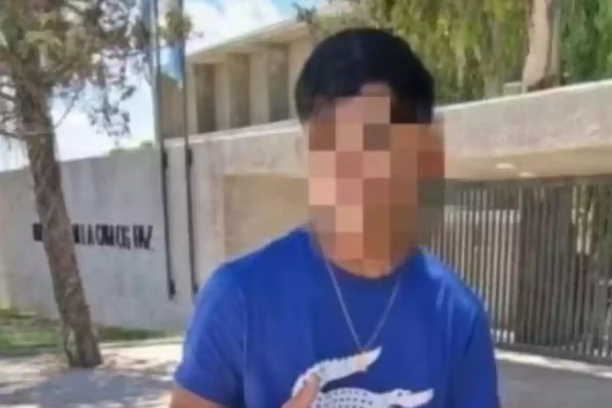 Young man with a pixelated face wearing a blue t-jersey with a white crocodile in front of a concrete building and trees Young man with a pixelated face wearing a blue t-jersey with a white crocodile in front of a concrete building and trees