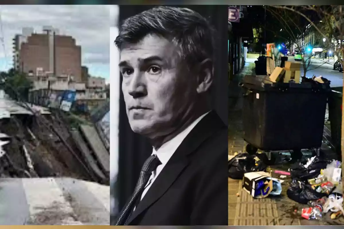 Three images together show a collapse on an urban street, a man in a suit with a serious expression, and an overflowing trash container on a sidewalk at night.