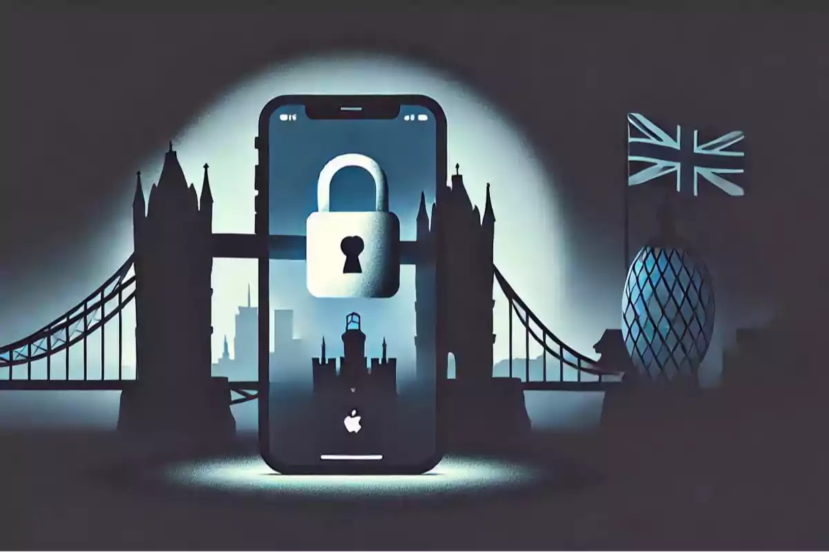 A phone with a lock on the screen in front of a bridge and a landmark building with a United Kingdom flag.