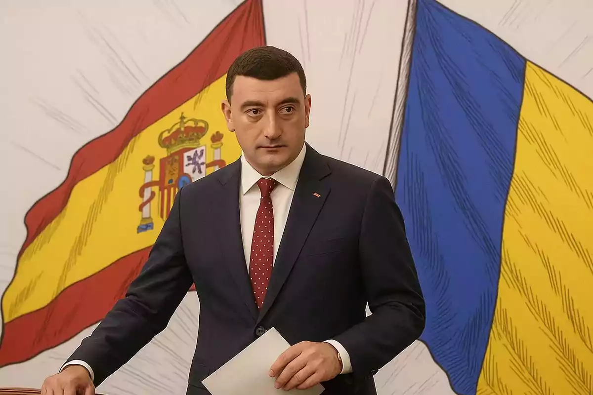 Un hombre de traje oscuro y corbata roja con lunares sostiene un papel frente a las banderas de España y Ucrania. Un hombre de traje oscuro y corbata roja con lunares sostiene un papel frente a las banderas de España y Ucrania.