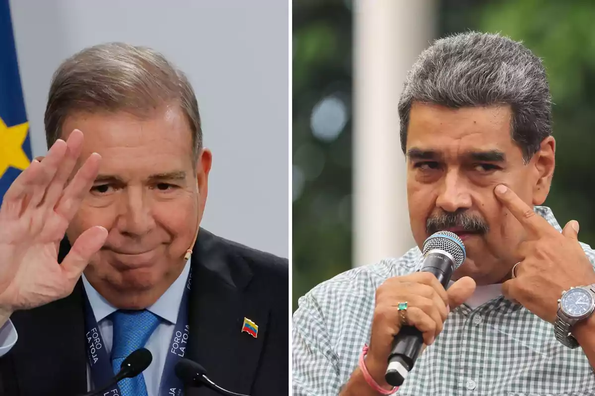 Dos hombres en un montaje fotográfico, uno saludando y el otro hablando por micrófono.