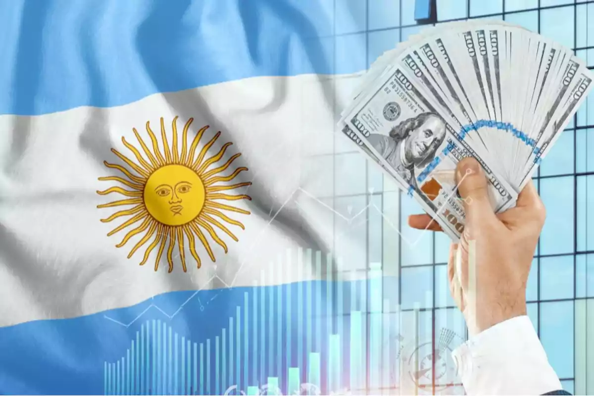 Una mano sosteniendo billetes de dólares frente a una bandera de Argentina con gráficos financieros superpuestos.