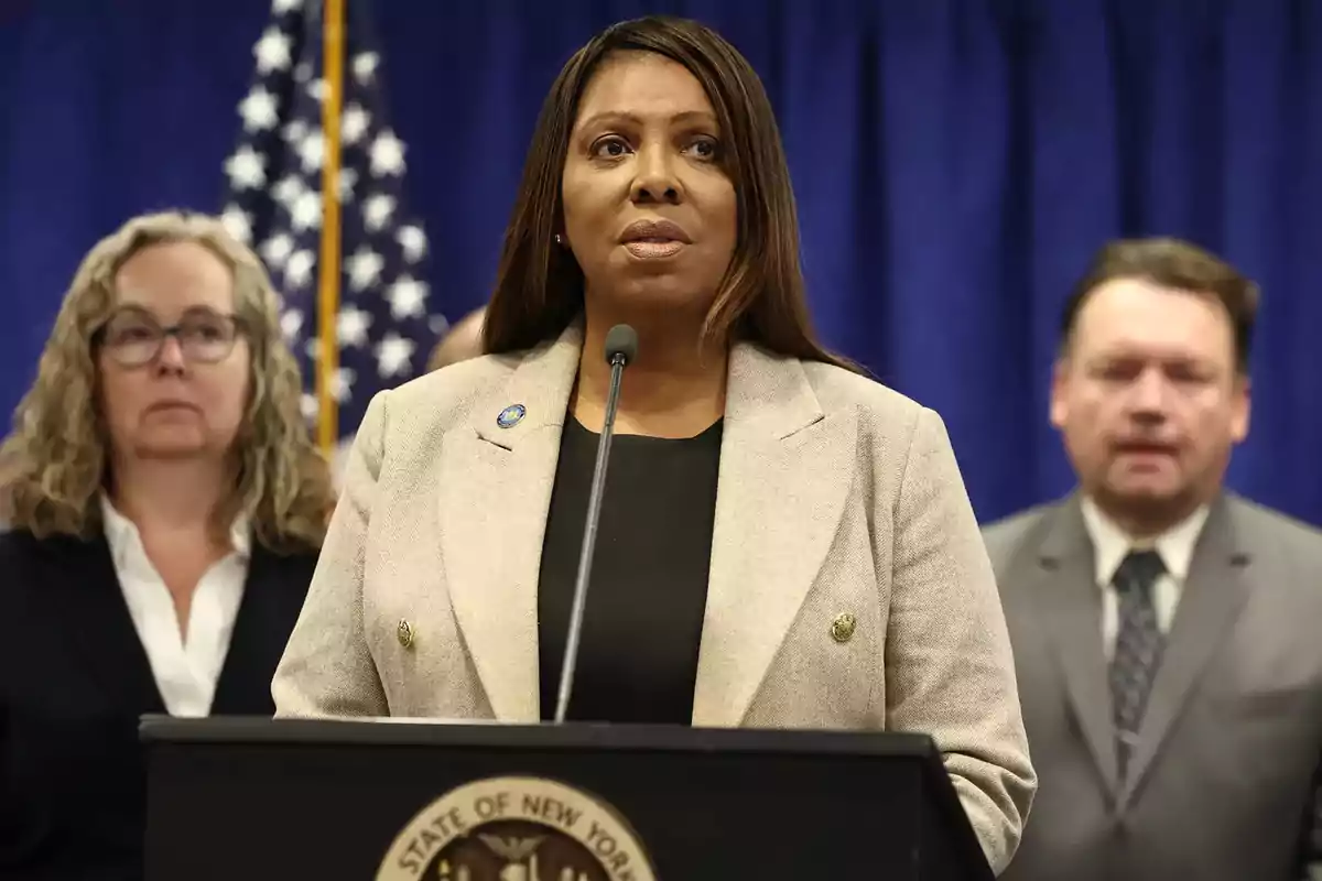 Una mujer hablando en un podio con el sello del estado de Nueva York, acompañada por dos personas en el fondo y una bandera estadounidense detrás. Una mujer hablando en un podio con el sello del estado de Nueva York, acompañada por dos personas en el fondo y una bandera estadounidense detrás.