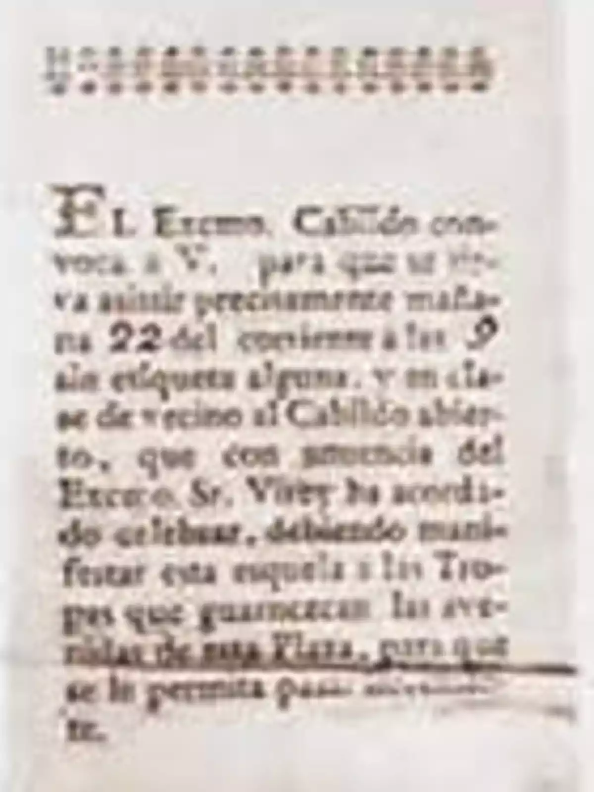An ancient document with text in Spanish that mentions a summons from the Cabildo to attend a meeting on the 22nd of the current month at 9, with instructions regarding the presence of troops to ensure security. An ancient document with text in Spanish that mentions a summons from the Cabildo to attend a meeting on the 22nd of the current month at 9, with instructions regarding the presence of troops to ensure security.
