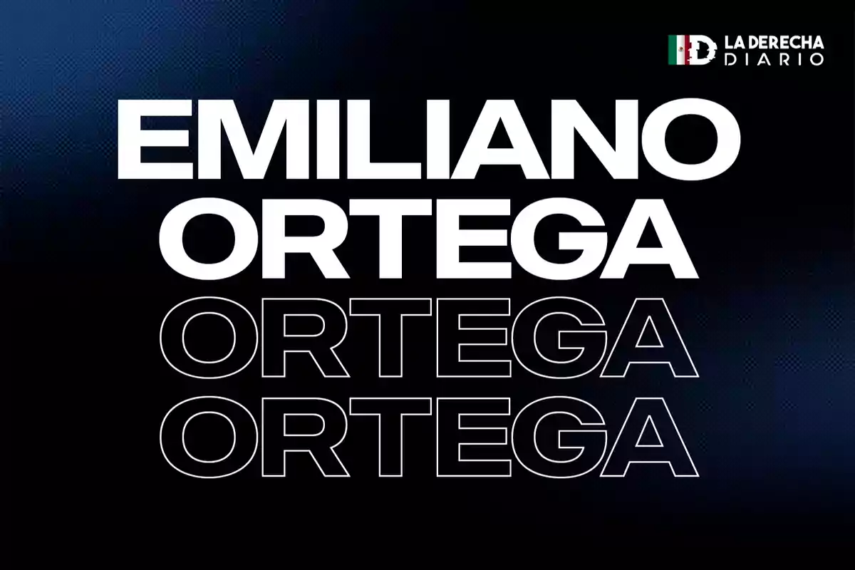 Texto en negrita y contorno con el nombre Emiliano Ortega repetido sobre un fondo oscuro con el logotipo de La Derecha Diario en la esquina superior derecha.