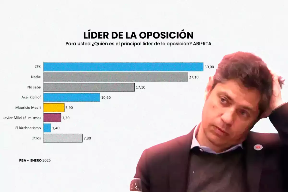 Gráfico de barras que muestra las respuestas a la pregunta sobre quién es considerado el principal líder de la oposición en enero de 2025, con CFK liderando con un 30%, seguido de "Nadie" con un 27.10%, "No sabe" con un 17.10%, Axel Kicillof con un 10.60%, Mauricio Macri con un 3.90%, Javier Milei con un 3.30%, "El kirchnerismo" con un 1.40% y "Otros" con un 7.30%, acompañado de la imagen de una persona.