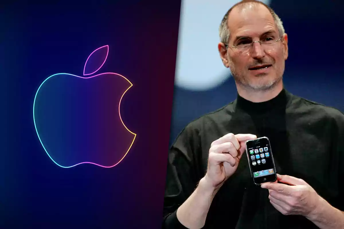 Logo de Apple en colores neón junto a una persona sosteniendo un teléfono inteligente.