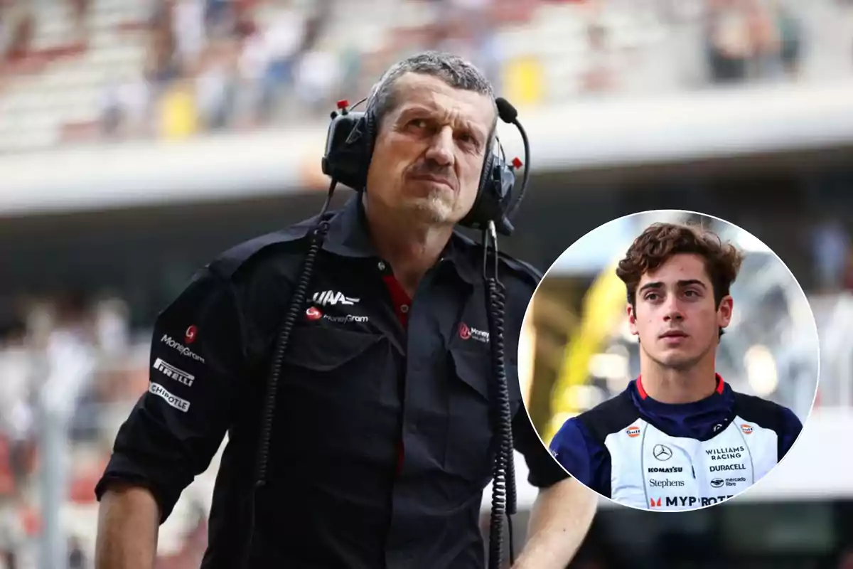 Un hombre con auriculares y uniforme de equipo de carreras, con un recuadro que muestra a un joven piloto en uniforme de automovilismo.