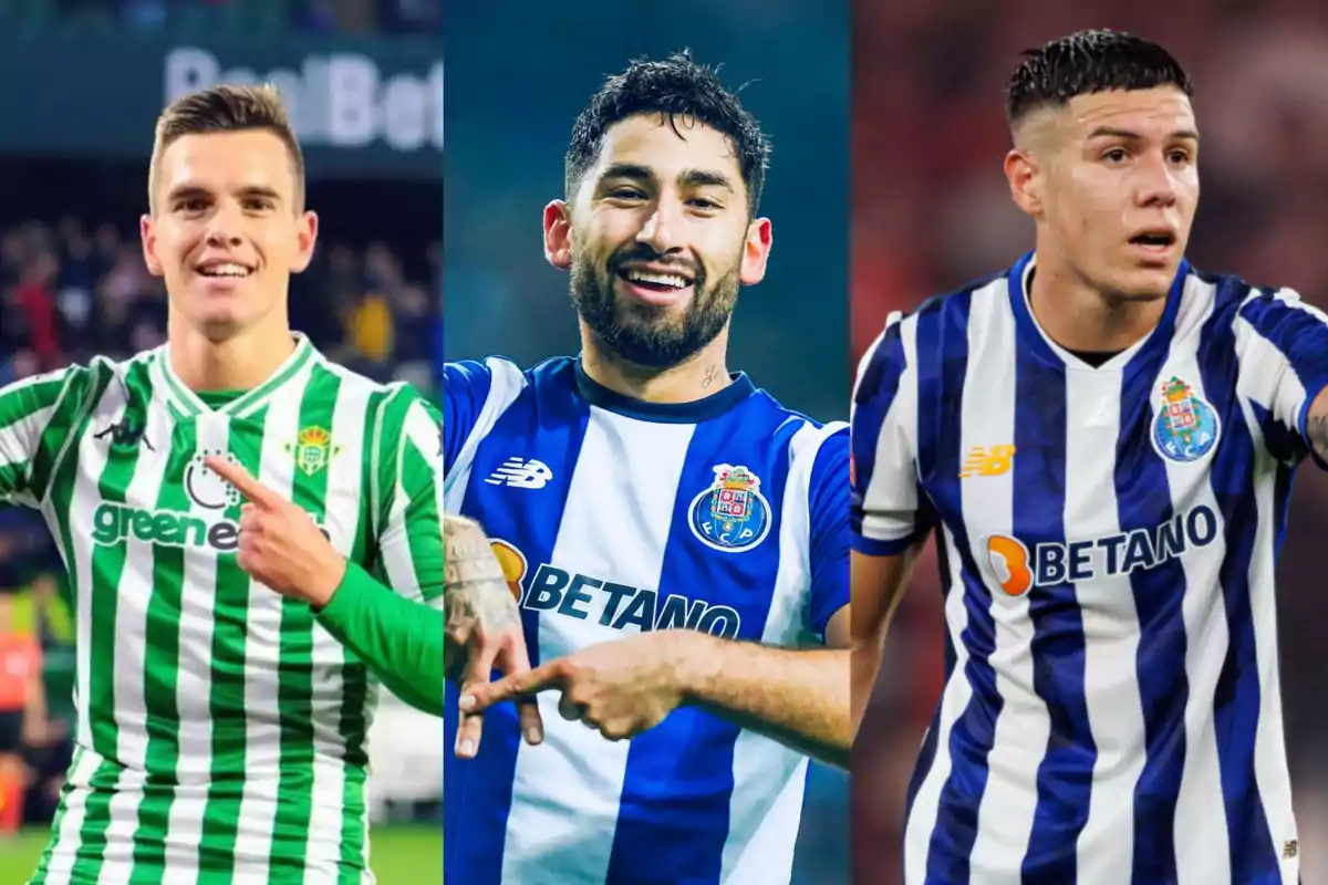 Tres futbolistas en uniforme de sus respectivos equipos, uno del Real Betis y dos del FC Porto, posan sonriendo en un campo de fútbol.