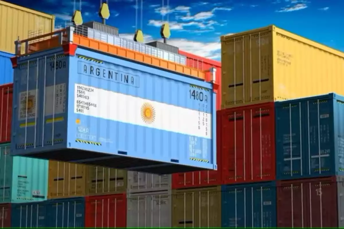 A blue container with the Argentine flag is being lifted by a crane in a port full of other containers of different colors.