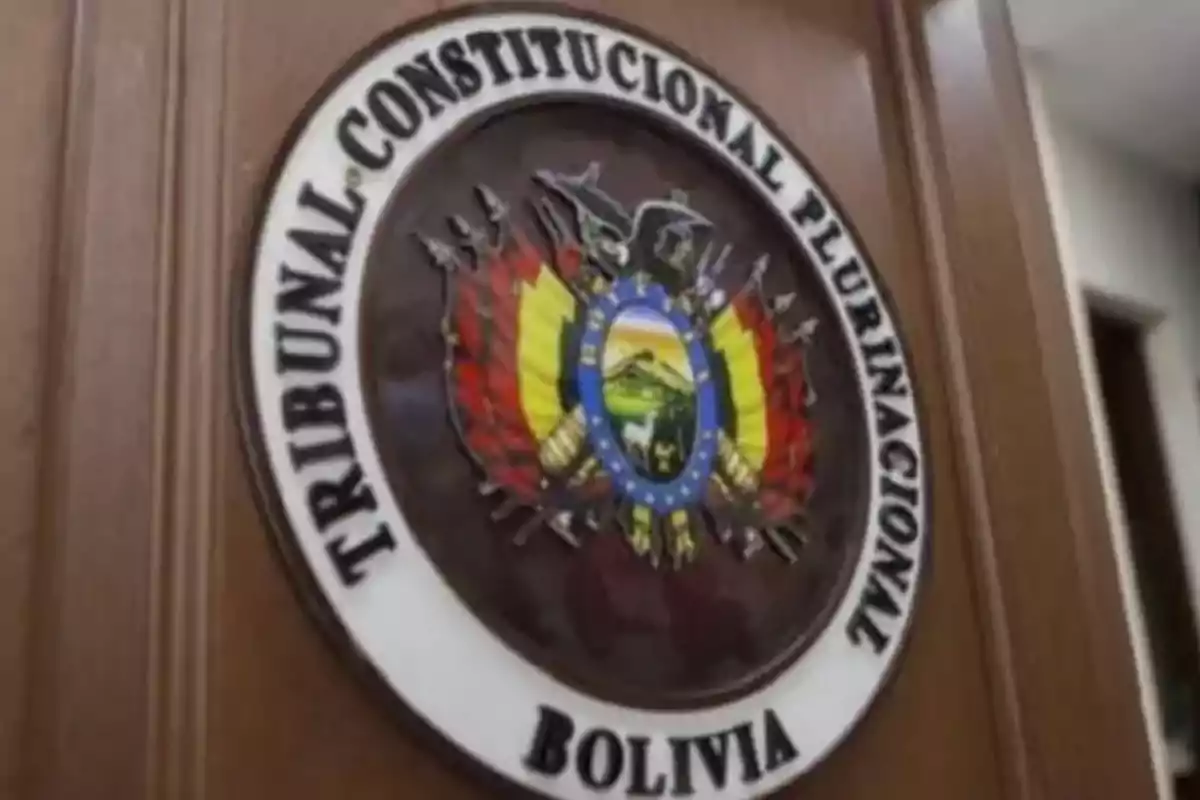 Escudo del Tribunal Constitucional Plurinacional de Bolivia en una puerta de madera. Escudo del Tribunal Constitucional Plurinacional de Bolivia en una puerta de madera.