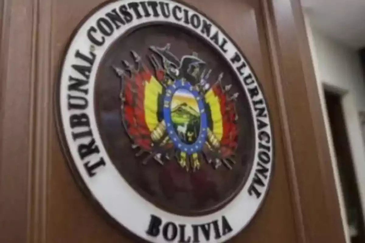 Escudo del Tribunal Constitucional Plurinacional de Bolivia en una puerta de madera. Escudo del Tribunal Constitucional Plurinacional de Bolivia en una puerta de madera.