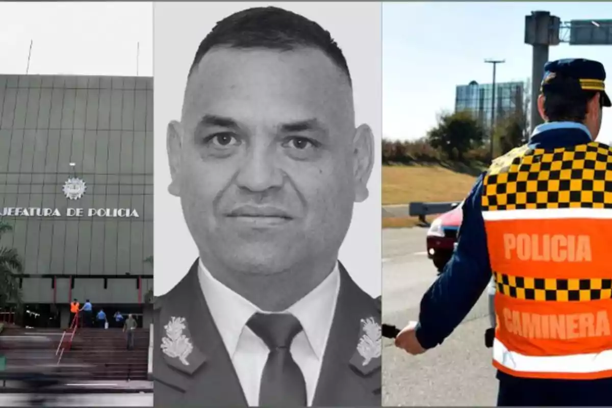 Edificio de jefatura de policía, retrato de un hombre con uniforme policial y agente de policía caminera de espaldas en un control de carretera