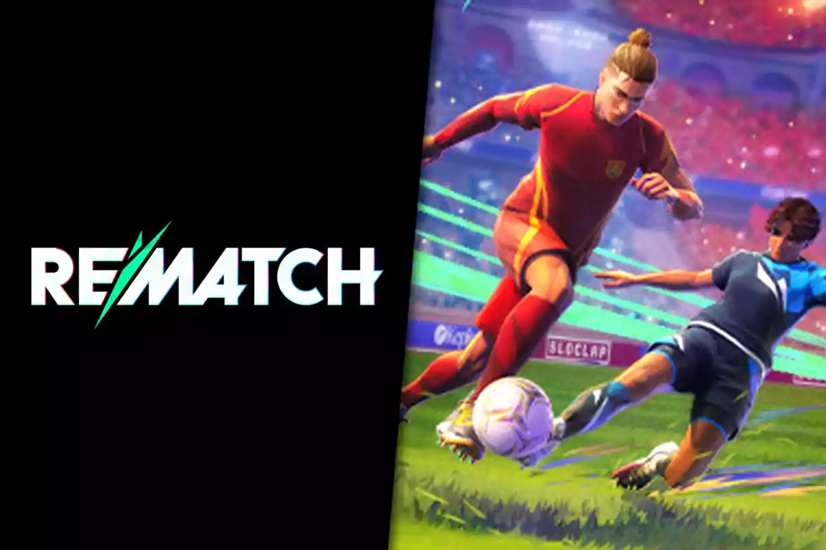 Rematch logo next to an illustration of two players competing for the ball in a stadium full of lights and spectators