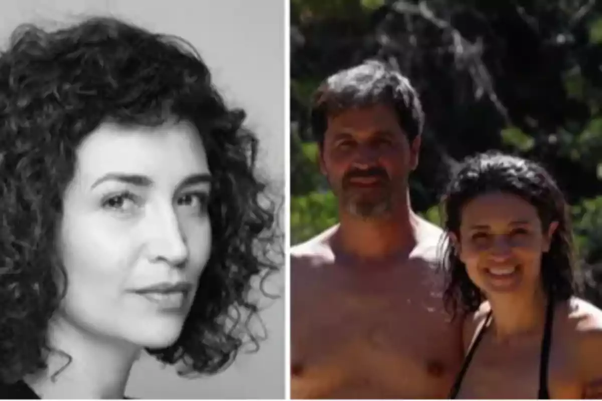 Fotografía dividida en dos partes, a la izquierda una mujer de cabello rizado en blanco y negro, a la derecha un hombre y una mujer sonriente en traje de baño al aire libre