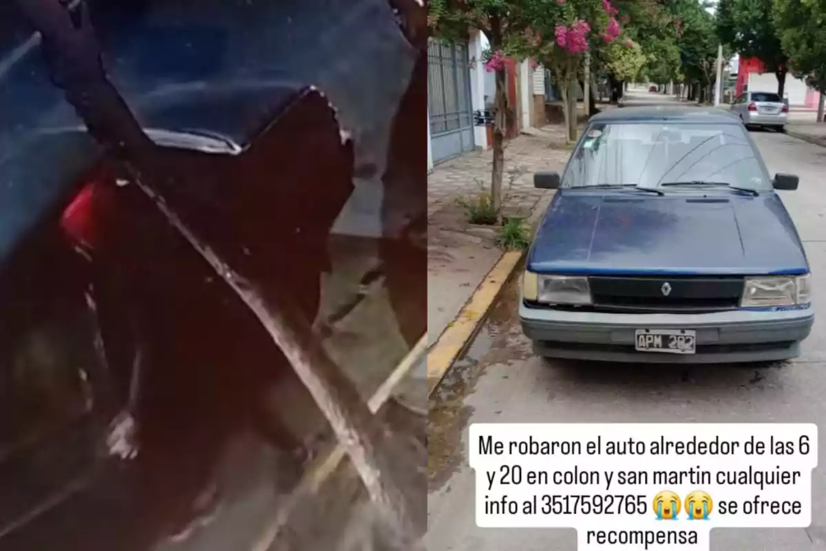 Imagen dividida en dos partes, a la izquierda una persona forzando la puerta de un auto y a la derecha un Renault azul estacionado en la calle con un mensaje pidiendo información sobre el robo del vehículo y ofreciendo recompensa.