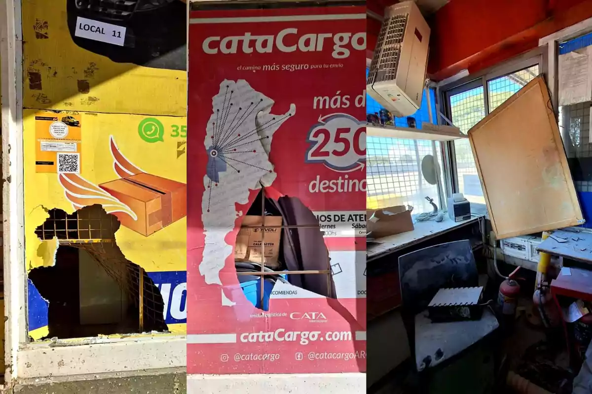Image of a shipping office with torn posters and holes in the walls, showing damage and disorder inside