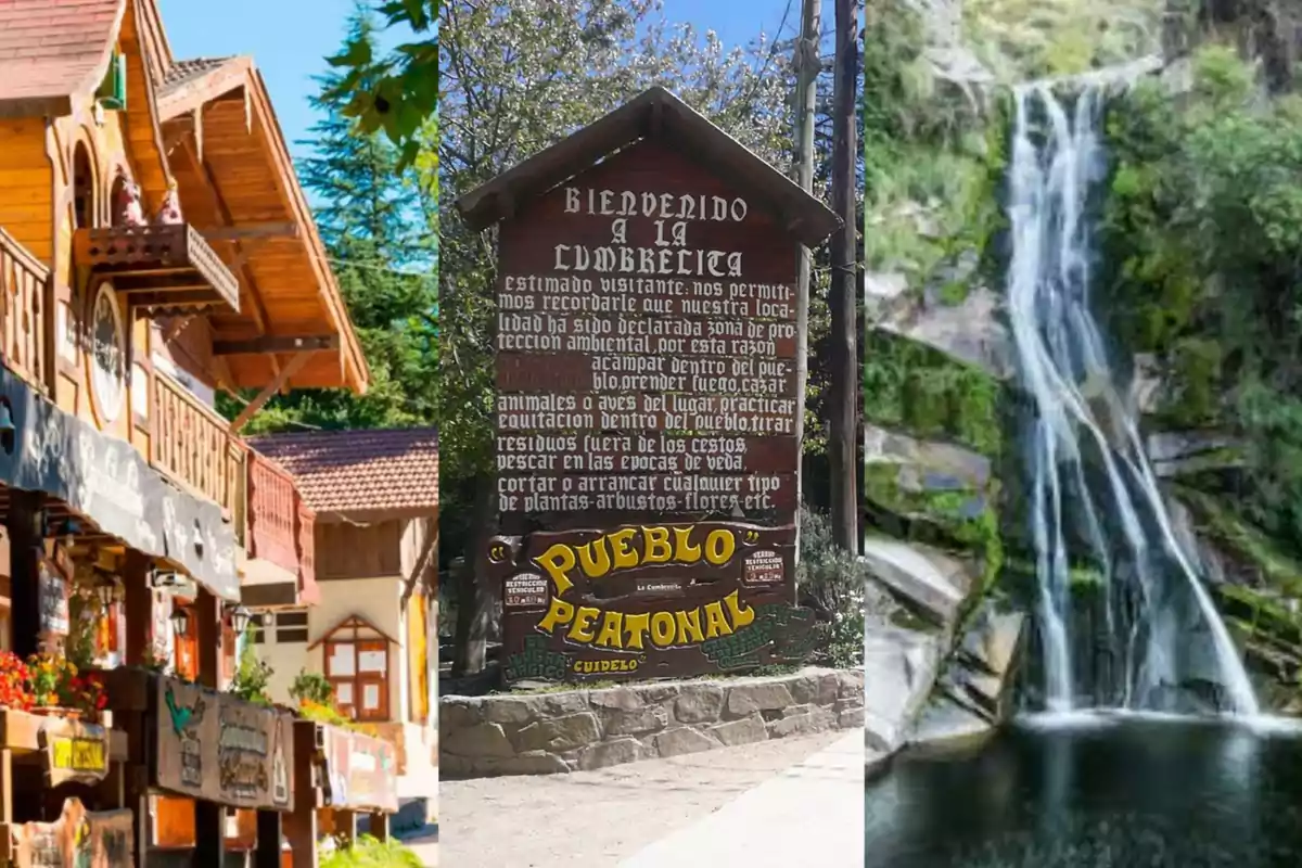 Casas de estilo alpino, un cartel de bienvenida de madera y una cascada rodeada de vegetación en un entorno natural